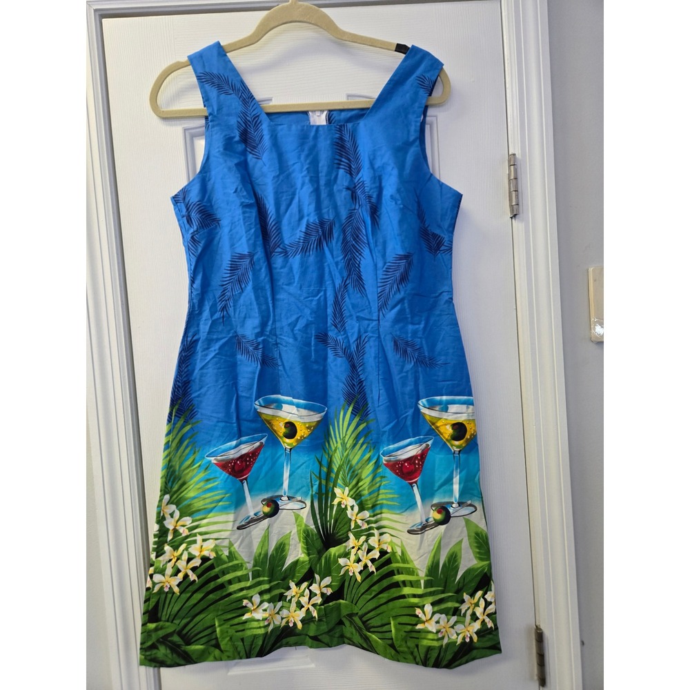 Blue Tropical Martini Print Cotton Dress Made in Hawaii Medium Vacation Resort
